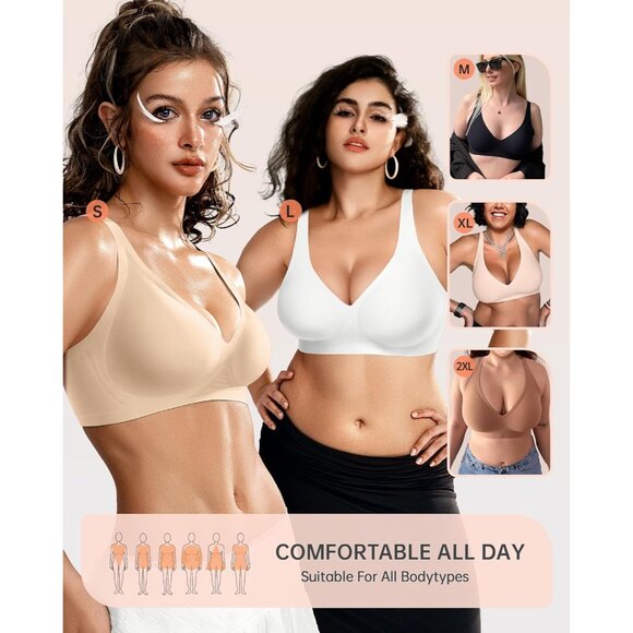 Women's Deep V Wireless Bra Supportive Seamless Push Up T-shirt Bralette - Picture 5 of 7